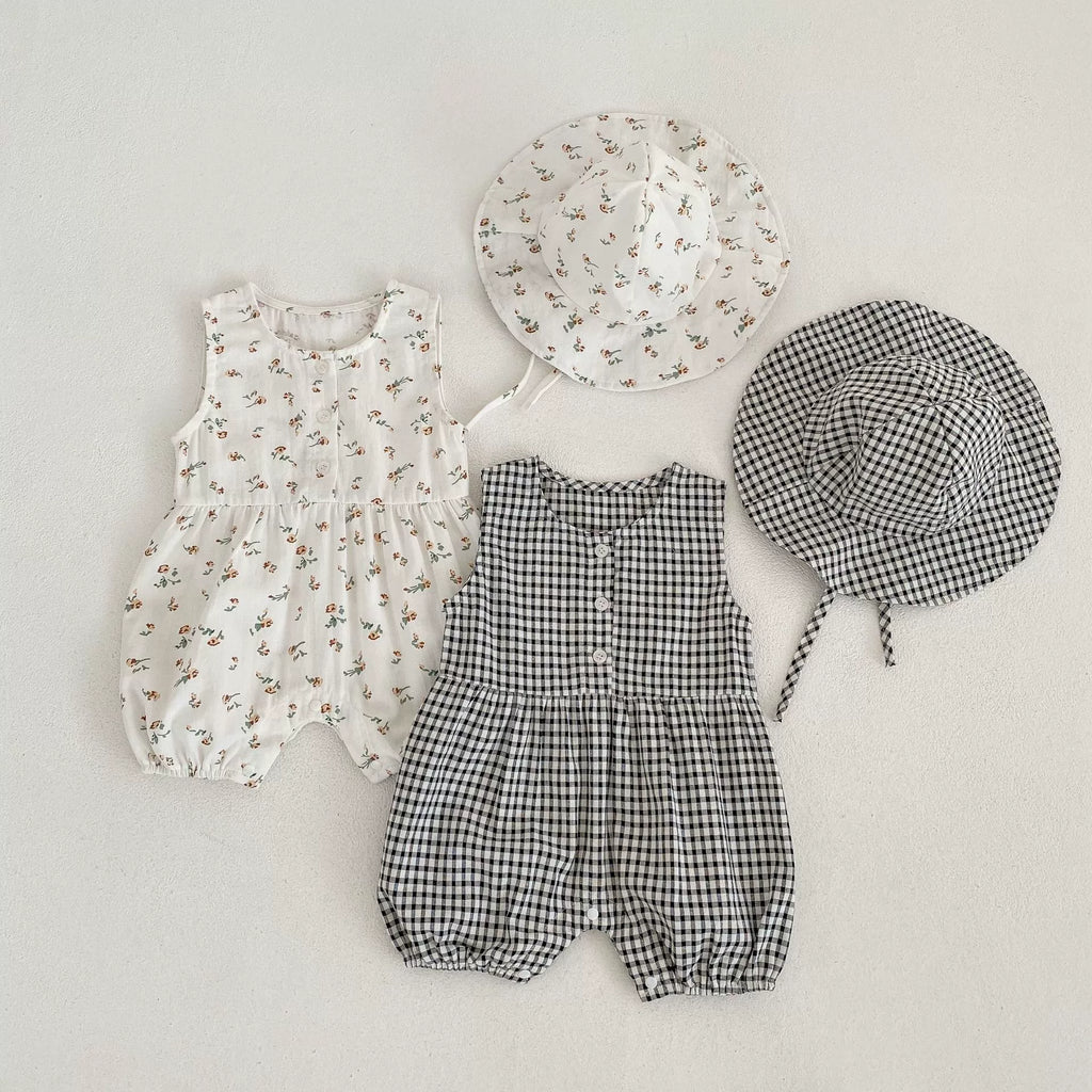 Summer Arrival Baby Girls Sleeveless Cute Floral and Plaid Pattern Rompers-0
