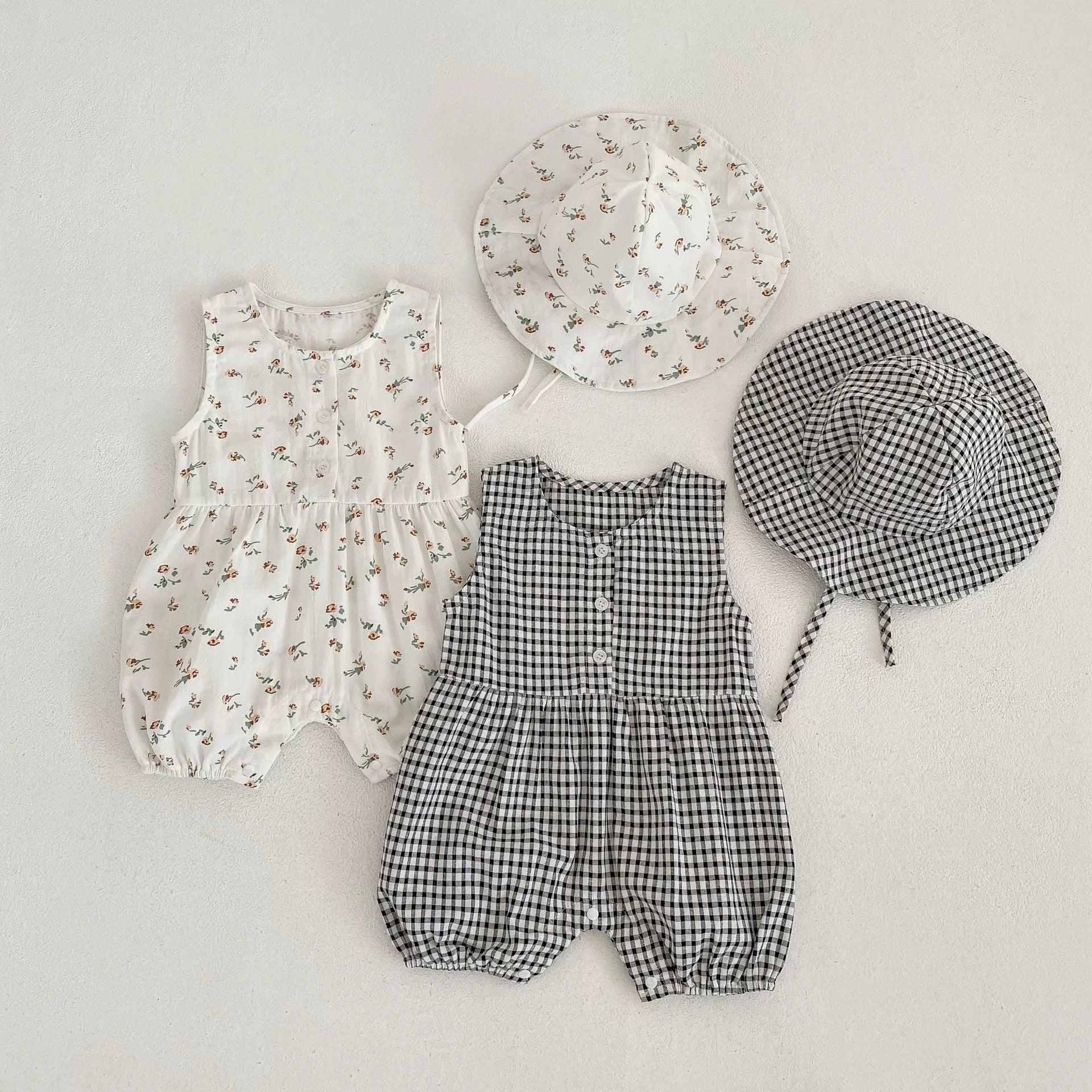 Summer Arrival Baby Girls Sleeveless Cute Floral and Plaid Pattern Rompers-0